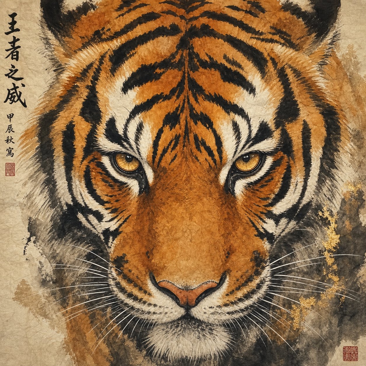 the dark stripes on a tiger's forehead mirror the chinese character 王 meaning king