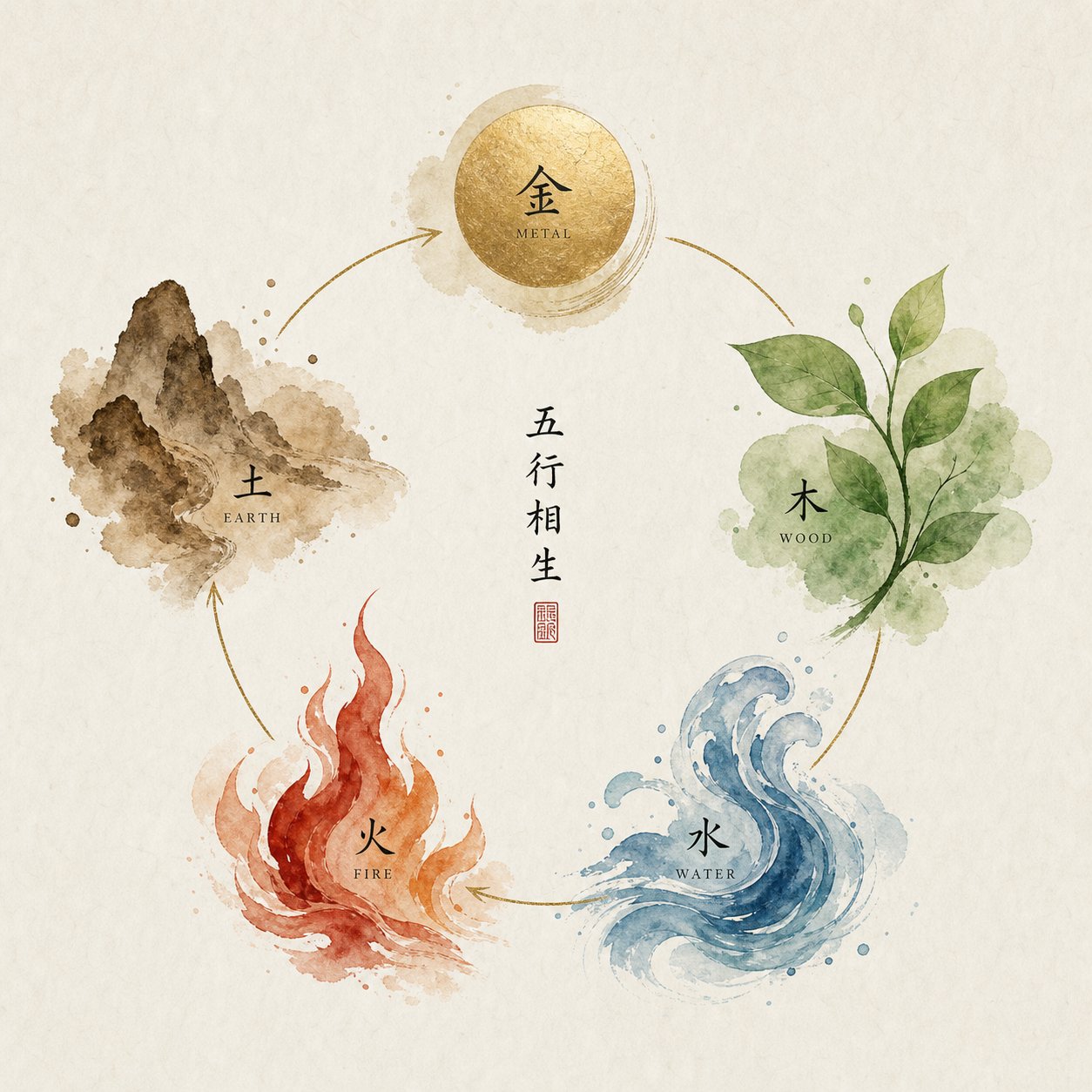 the five elements cycle illustrated in watercolor showing the harmony parents seek when matching success characters to a child's birth chart