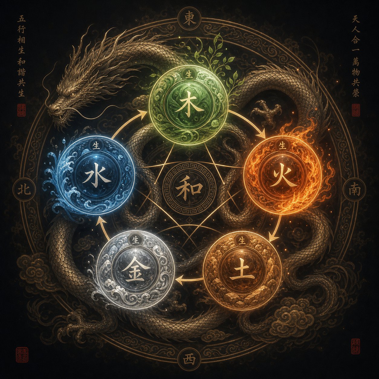 the five elements cycle showing how each element influences radical selection for different dragon year types