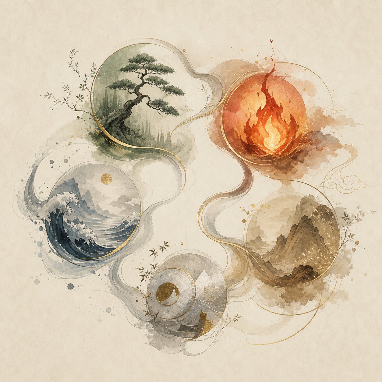 the five elements cycle showing how wood feeds fire the snake's core element guiding character selection