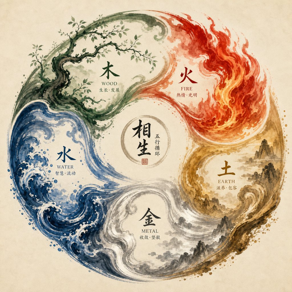 the five elements cycle showing how wood fire earth metal and water energies flow and nourish each other in chinese naming philosophy