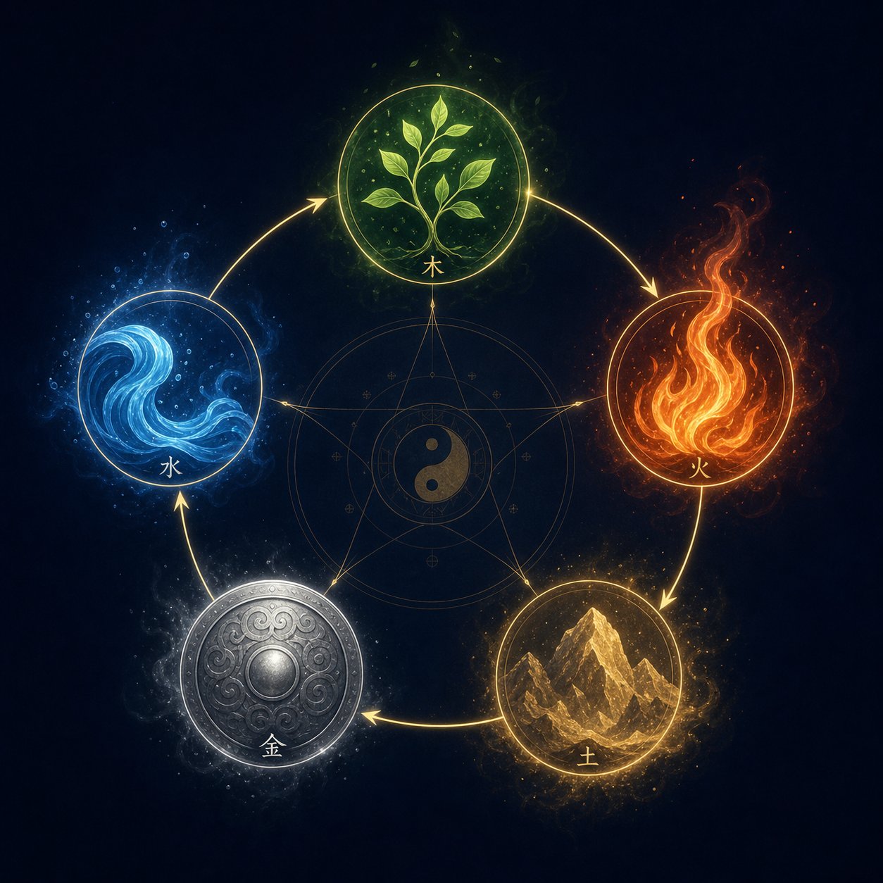 the five elements cycle showing how wood fire earth metal and water generate and regulate each other in taoist naming