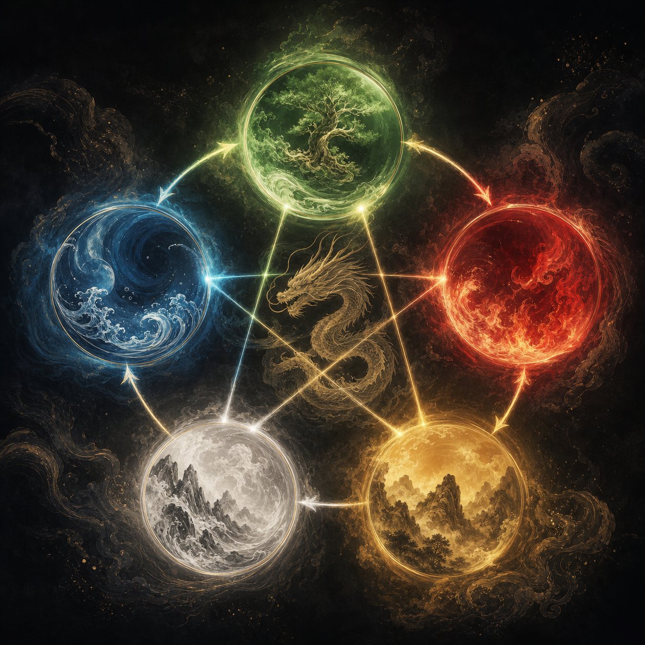 the five elements cycle showing how wood fire earth metal and water interact to create unique dragon type vulnerabilities