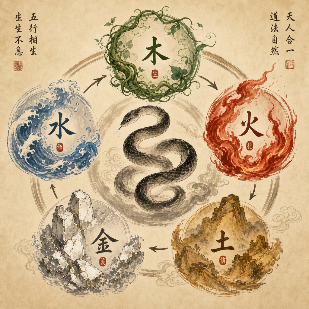 the five elements cycle showing how wood fire earth metal and water interact with the snake zodiac