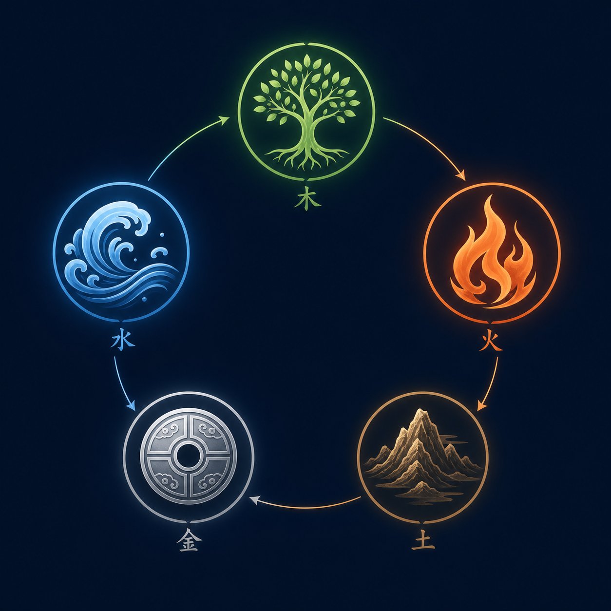 the five elements cycle showing wood fire earth metal and water energies that shape dragon year name selection