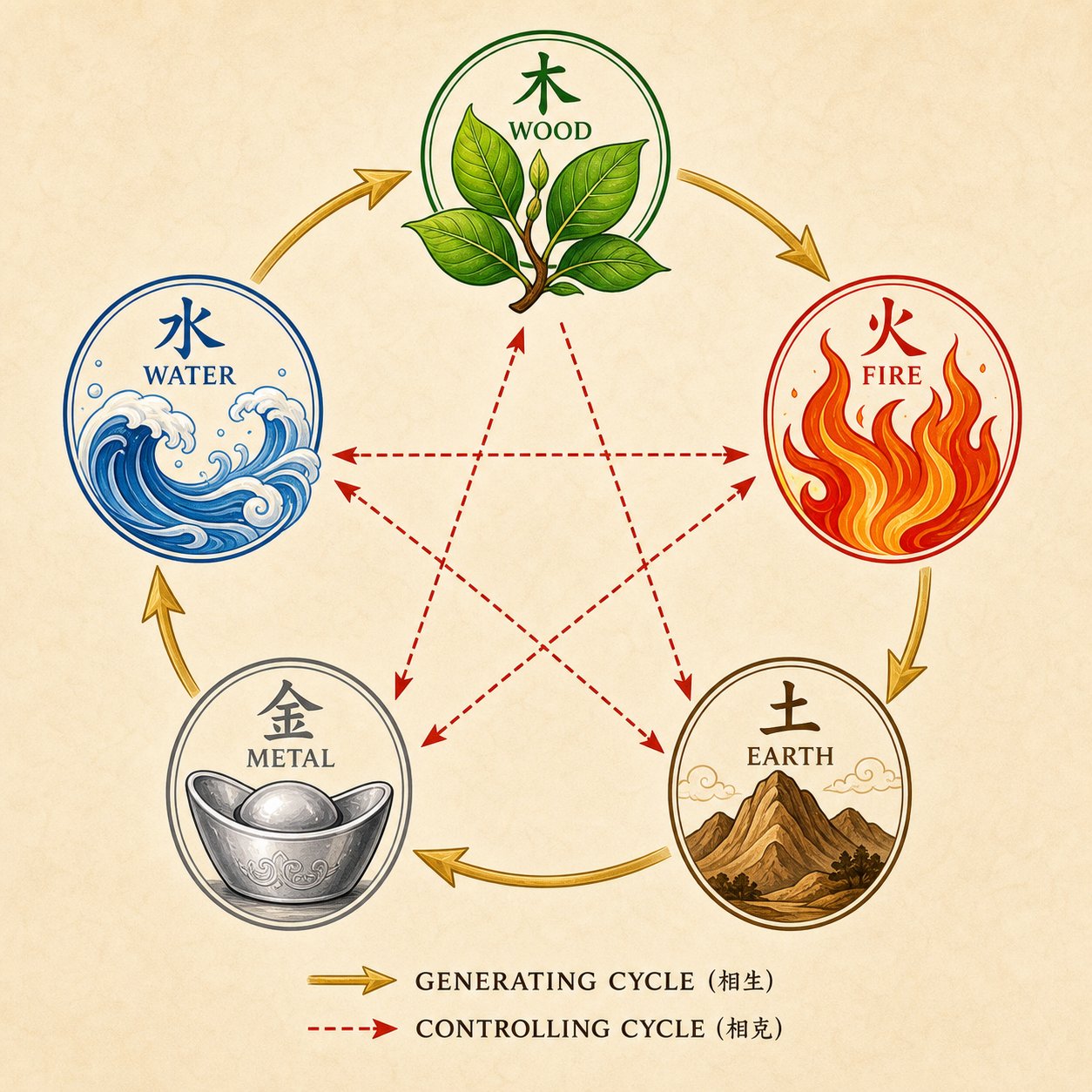 the five elements productive and destructive cycles used to evaluate three talents harmony in name scoring