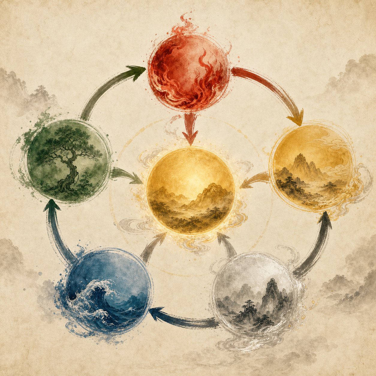 the five elements productive cycle showing how fire nourishes earth energy in chinese cosmology