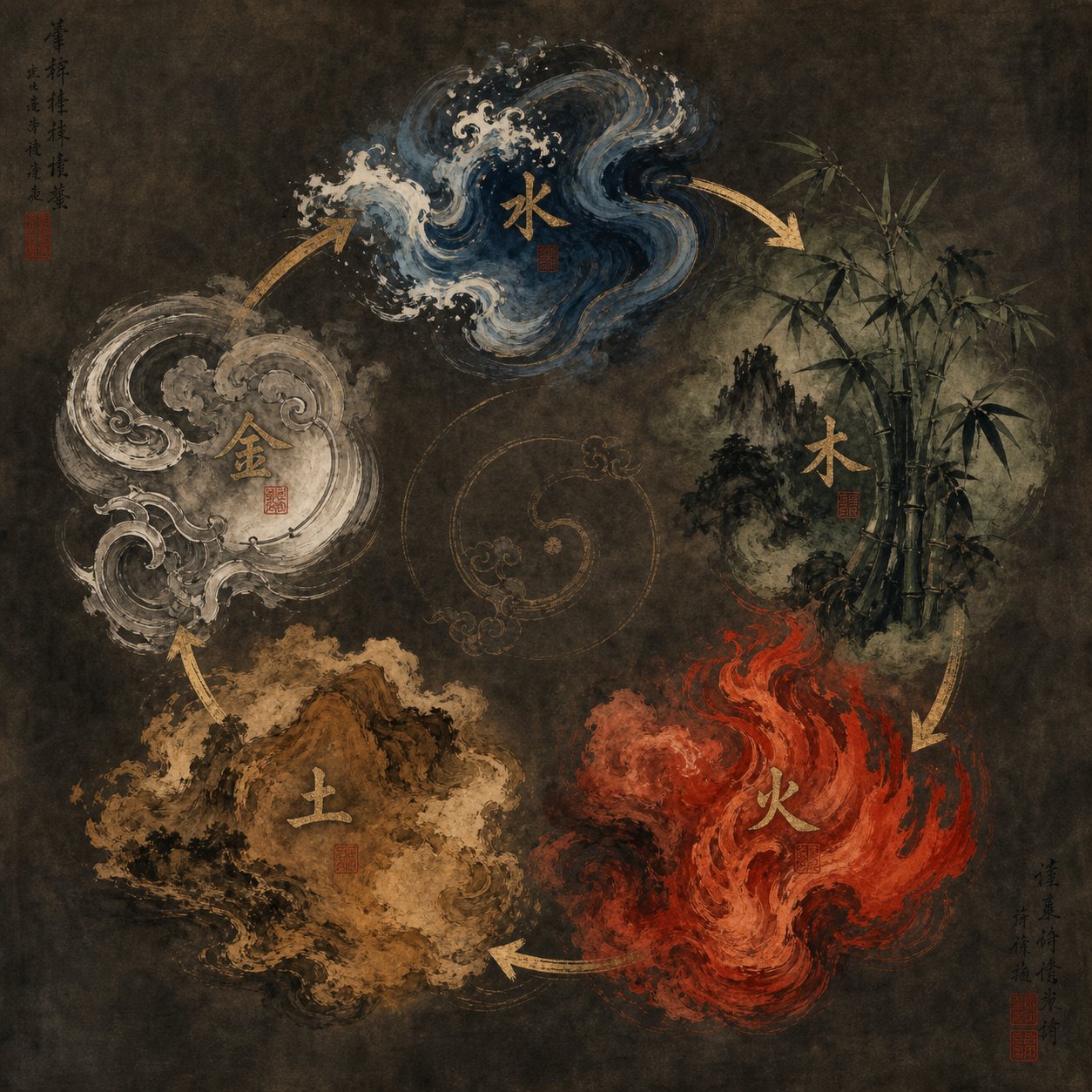 the five elements productive cycle showing how metal water and wood interact to support the pig sign's energy