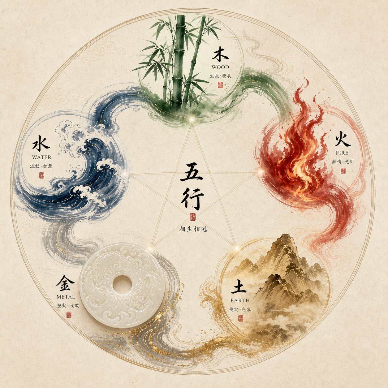 the five elements productive cycle showing how wood fire earth metal and water nourish each other in chinese naming tradition