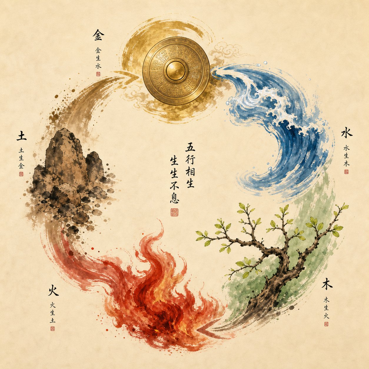 the five elements (wu xing) cycle showing how metal water and wood balance excess earth energy in naming