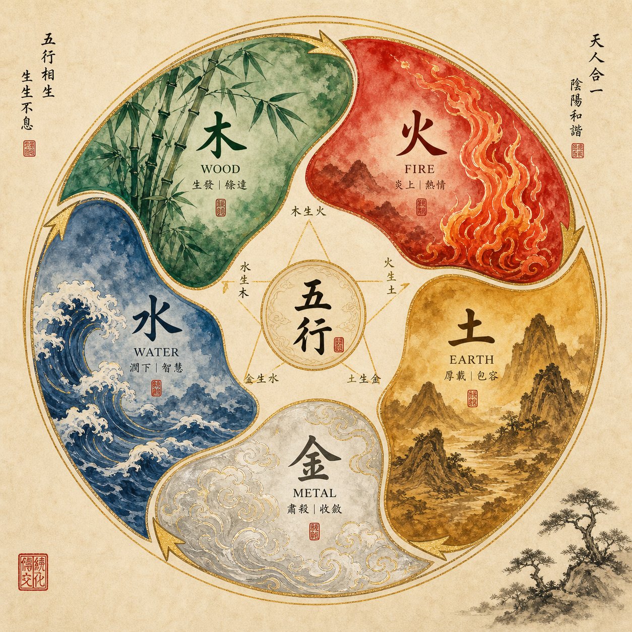 the five elements (wu xing) cycle showing how wood fire earth metal and water generate and support each other