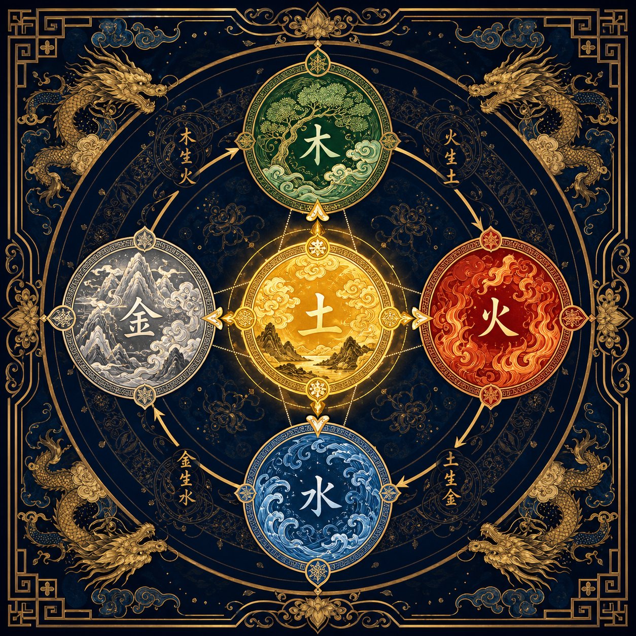 the five elements (wuxing) cycle with earth at the center as the stabilizing force in chinese philosophy