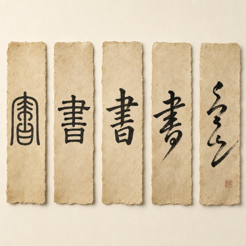 the five major chinese script styles showing progression from structured seal script to expressive cursive script