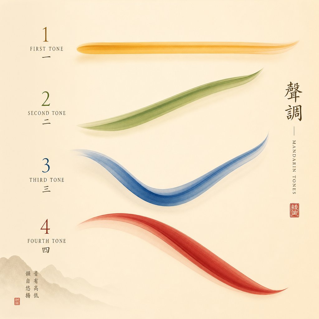 the four mandarin tones shown as pitch contours that shape how each syllable sounds