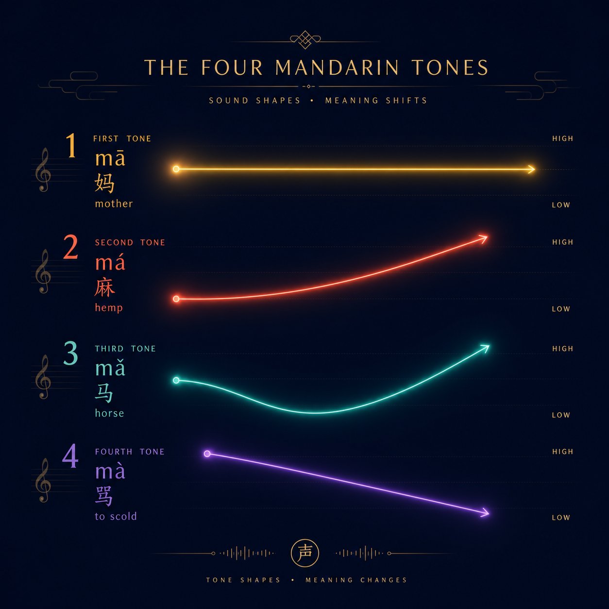the four mandarin tones visualized as pitch contours that change the meaning of chinese names