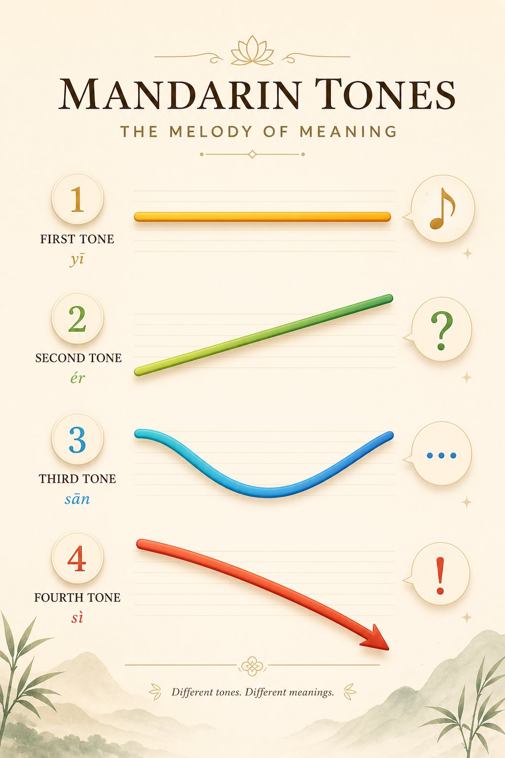 the four mandarin tones visualized as pitch patterns that change word meaning entirely