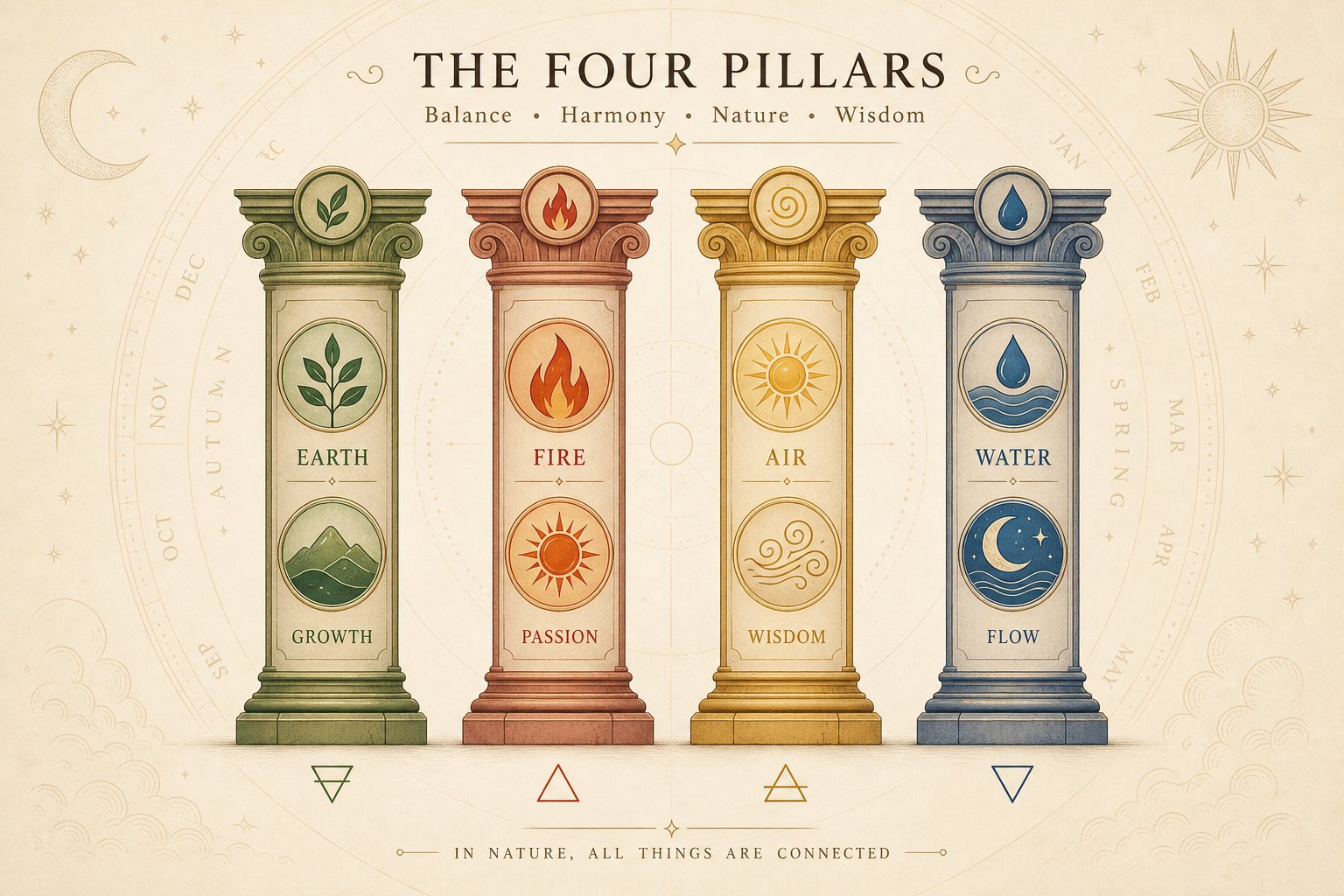 the four pillars structure with heavenly stems and earthly branches forming the bazi chart