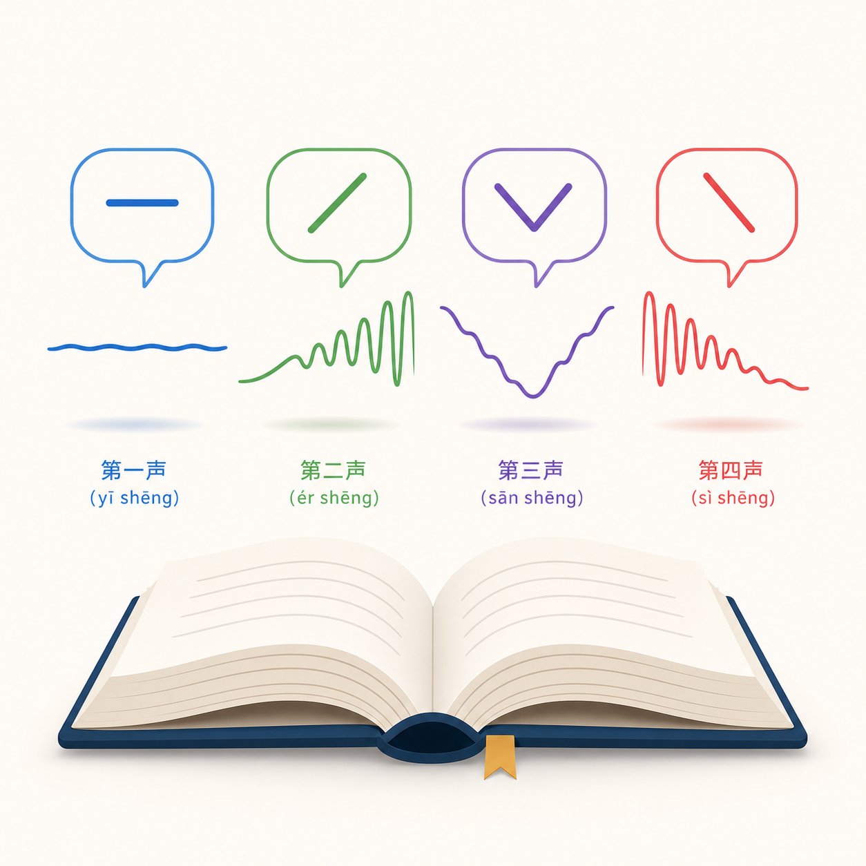 the four tones of mandarin chinese visualized as distinct sound wave patterns for pronunciation guidance