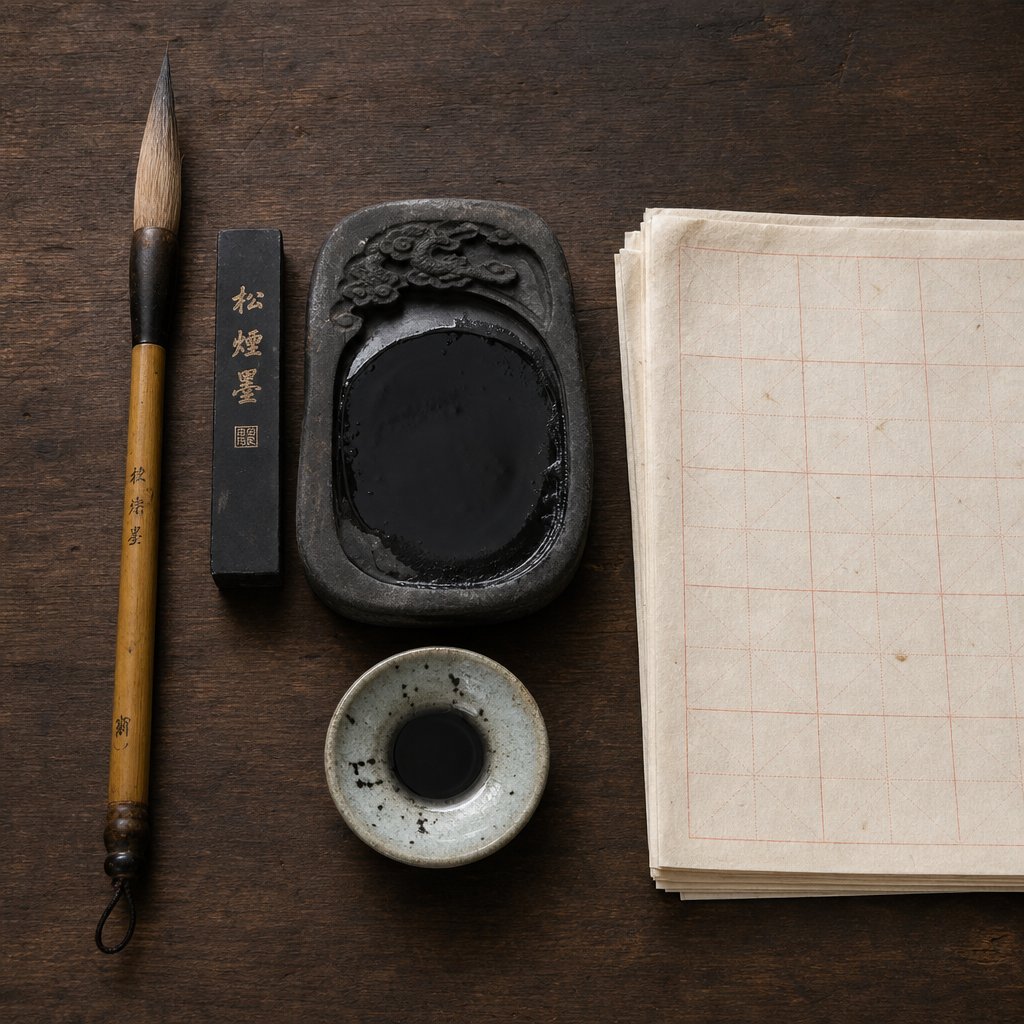 the four treasures of the study brush ink paper and inkstone form the essential toolkit for chinese calligraphy