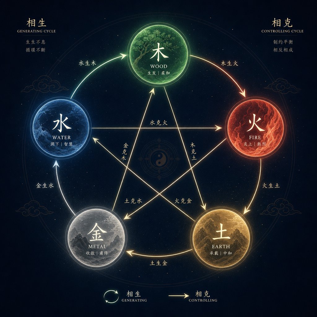 the productive and destructive cycles of the five elements showing how elemental energies flow and interact