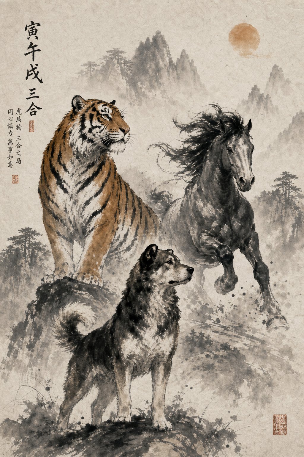 the san he triangle alliance of tiger horse and dog representing cosmic support in chinese zodiac tradition