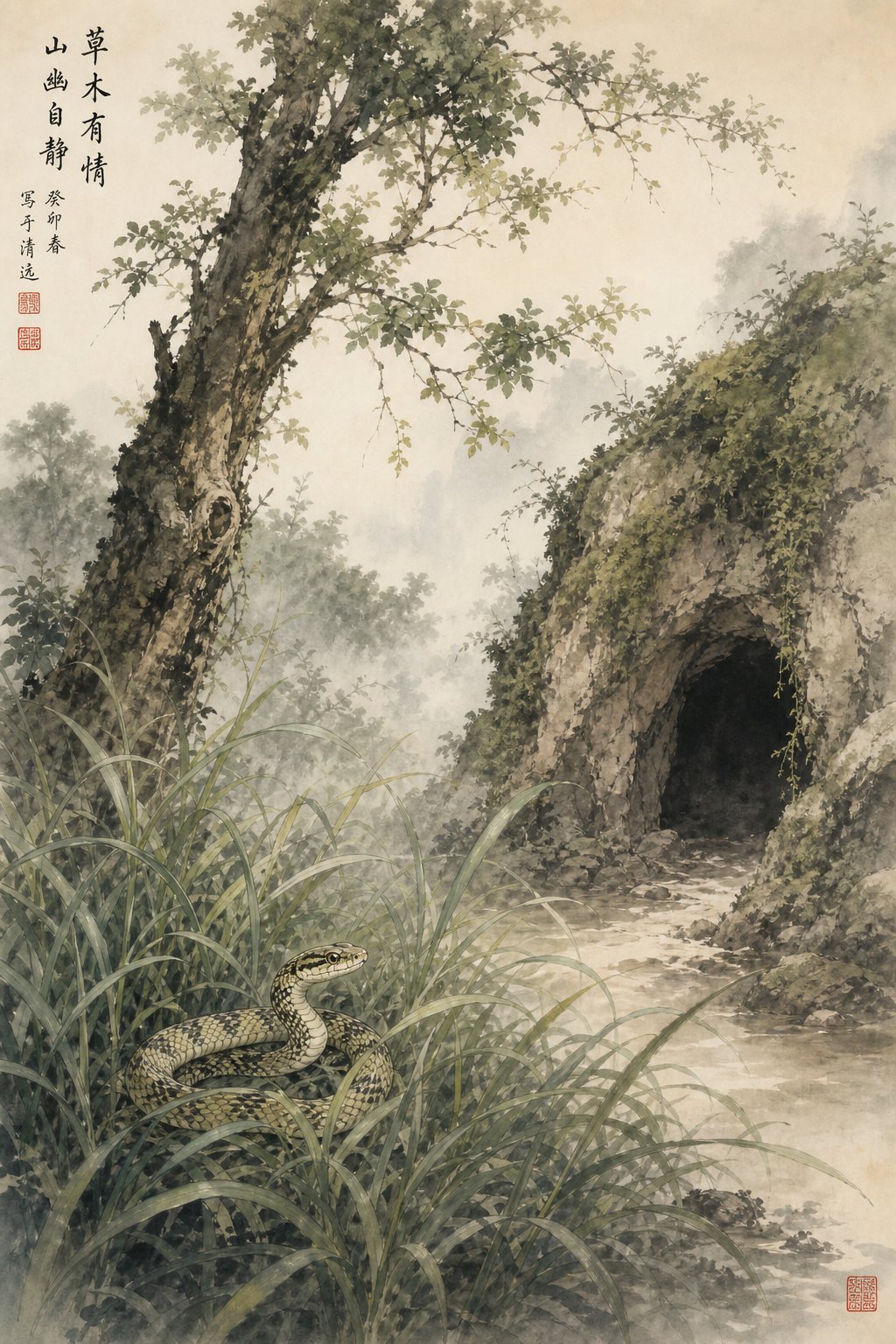 the snake's natural habitats of grass trees and caves inspire the core radical categories for auspicious naming