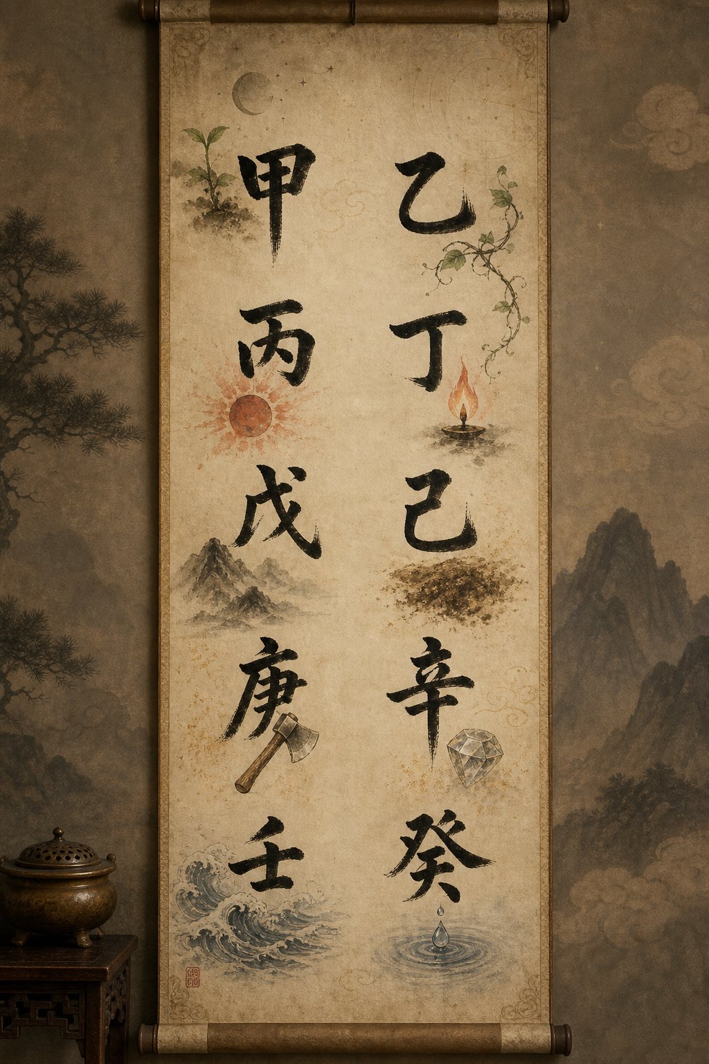 the ten heavenly stems paired with their elemental nature symbols in traditional calligraphy style