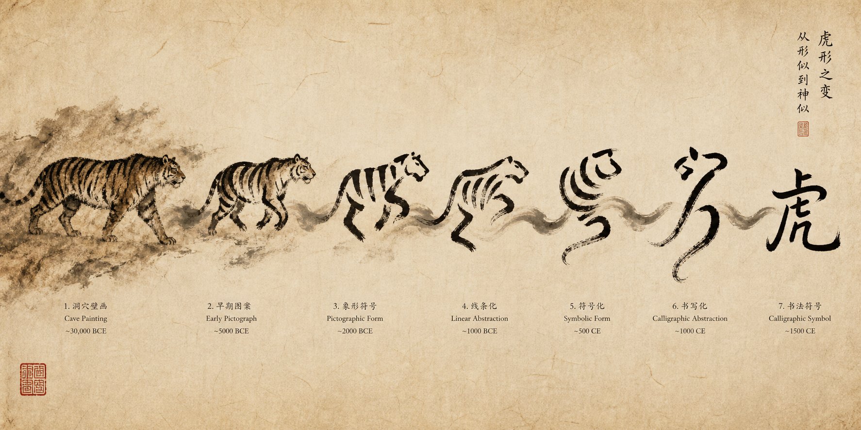 the tiger character evolved from a recognizable pictograph to an abstract symbol over three millennia