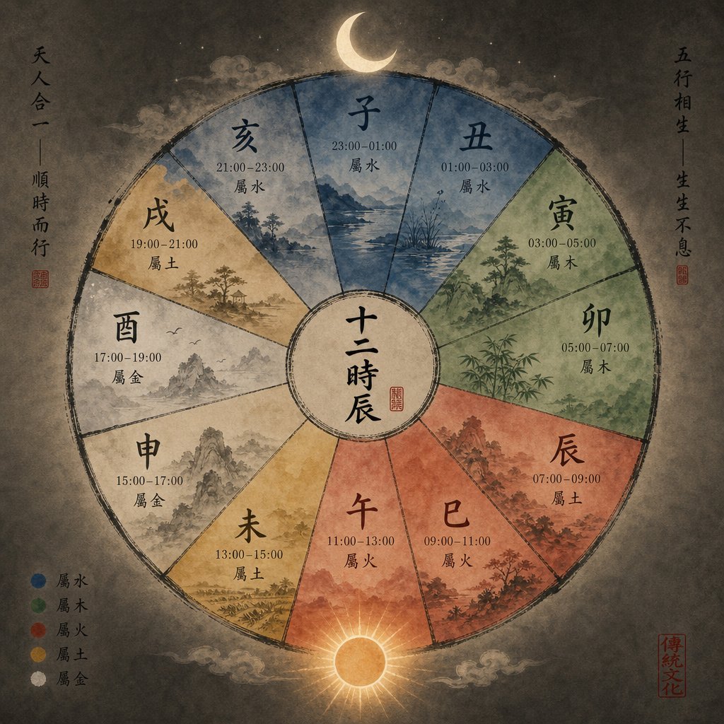 the twelve shi chen periods map each two hour window to a specific element and earthly branch