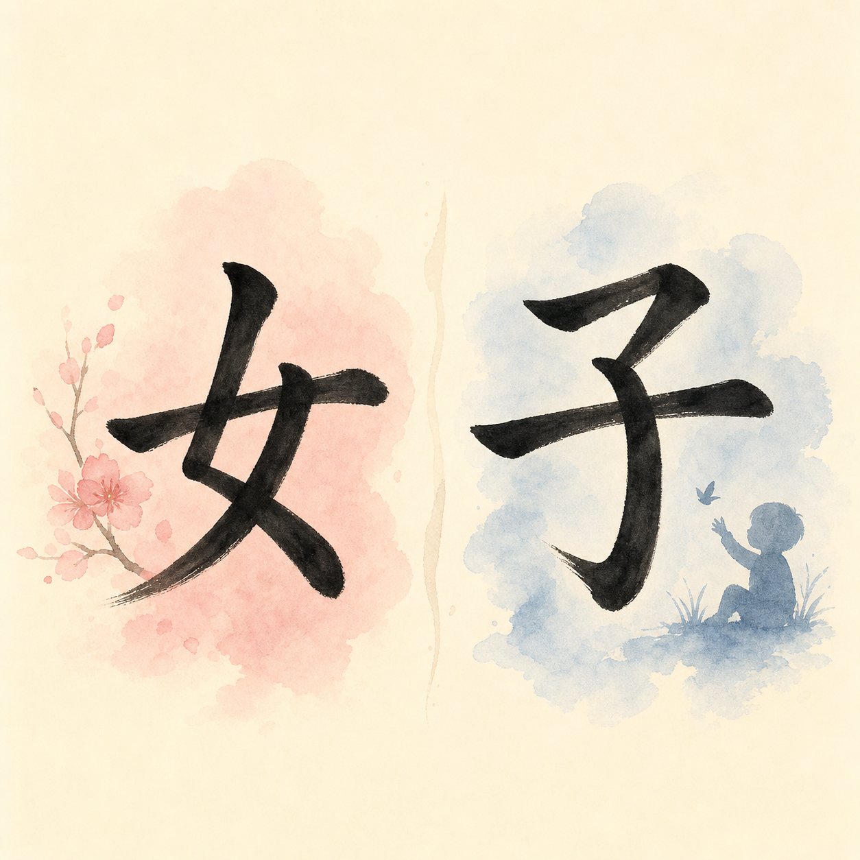 the two radicals of 好 女 (woman) and 子 (child) combining to form the character for good