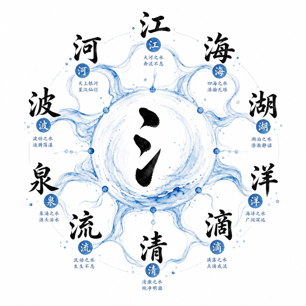 the water radical 氵 at the center of a network of related chinese characters it helps form