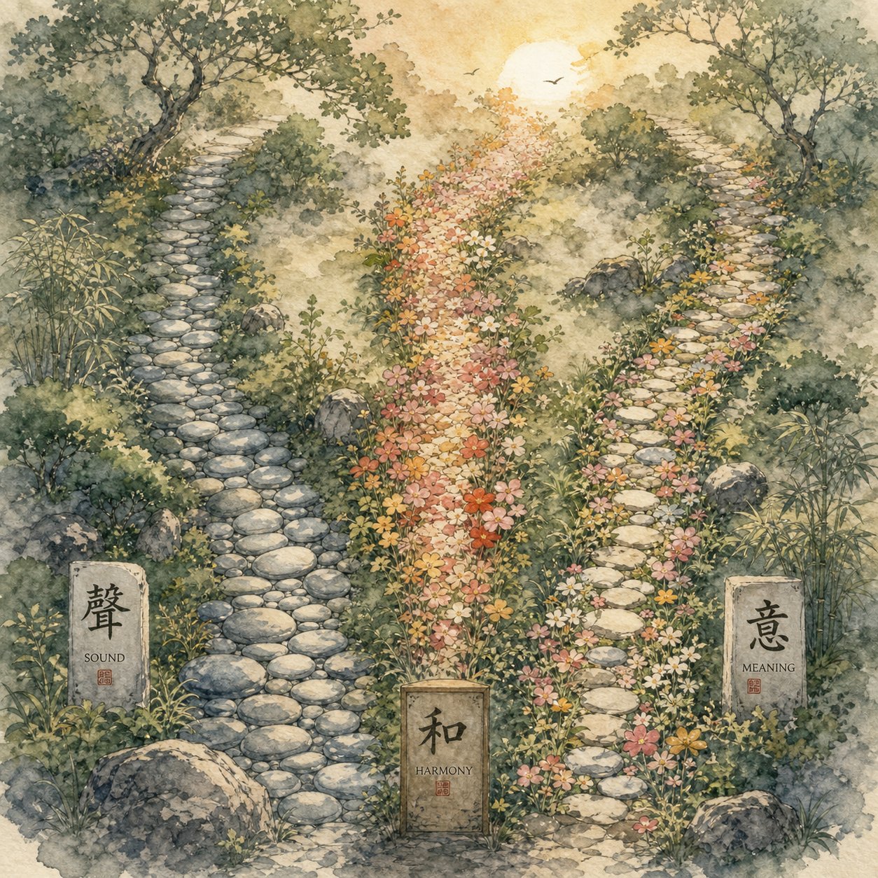 three distinct paths symbolizing the phonetic semantic and hybrid methods for creating chinese nicknames from english names
