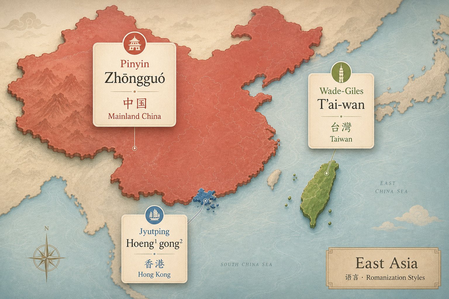 three major chinese speaking regions use distinct romanization systems that produce different name spellings for the same author