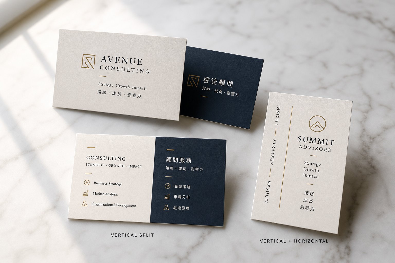 three primary layout options for bilingual chinese english business cards including dual sided side by side and vertical arrangements