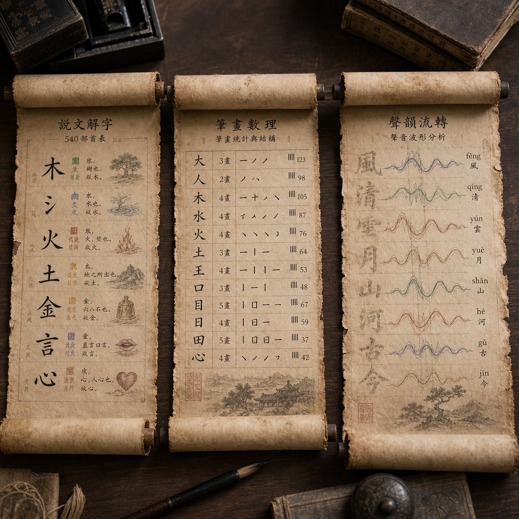 three schools of elemental name analysis represented through distinct methodological approaches on traditional scrolls