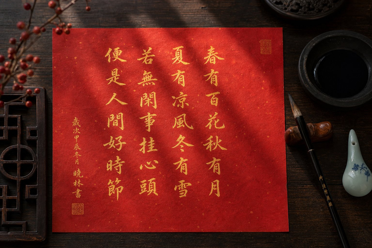 traditional calligraphy brush and gold inked lucky characters on red paper for snake year celebrations