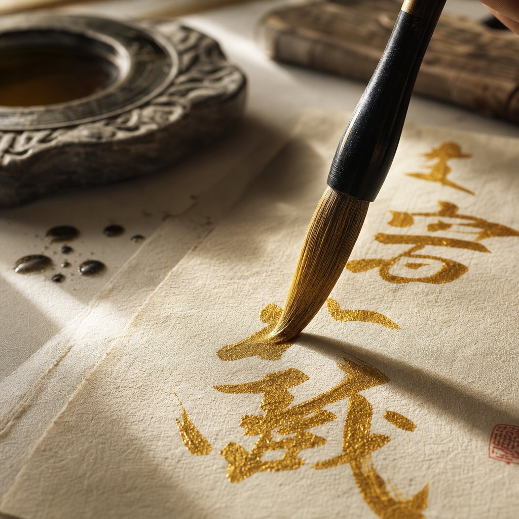 traditional calligraphy brush forming gold inked chinese characters representing the art of selecting metal element name characters