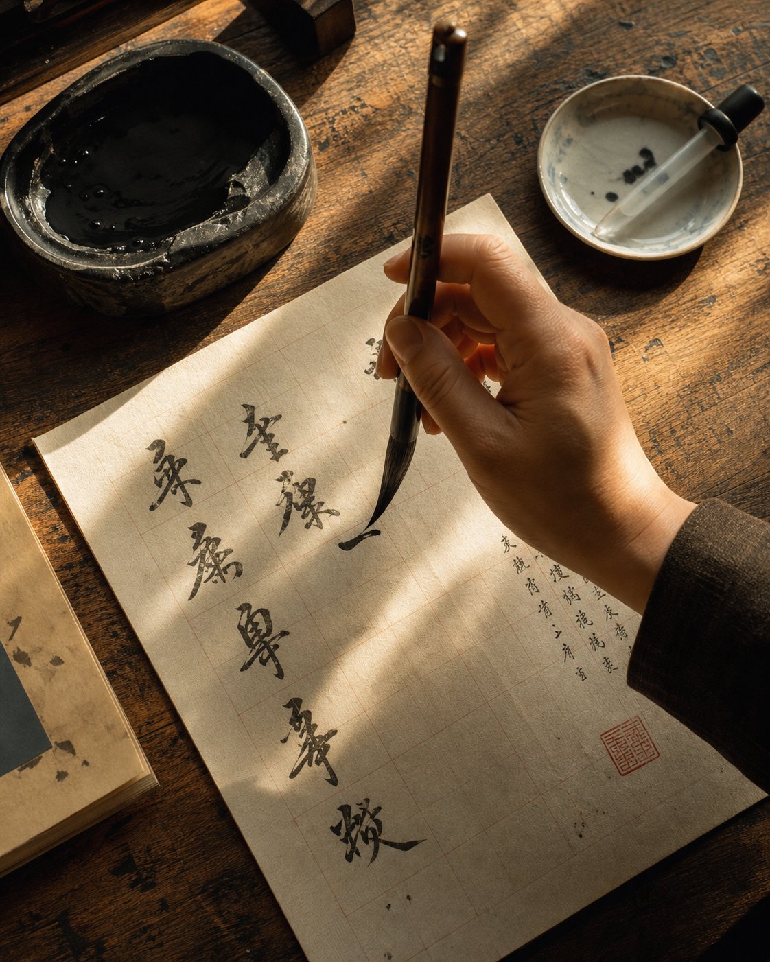 traditional calligraphy setup showing the ergonomic relationship between brush hand and paper