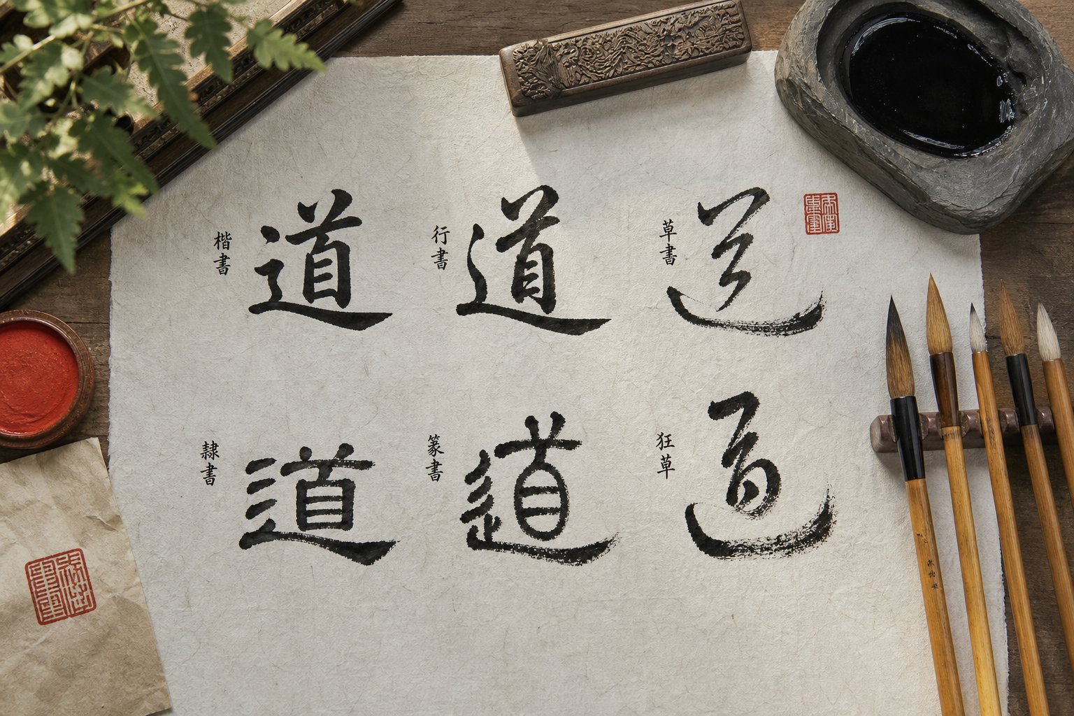 traditional calligraphy tools and multiple script styles used for creating authentic chinese character artwork
