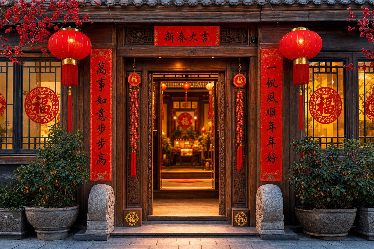 traditional chinese doorway adorned with red spring couplets and festive snake year decorations