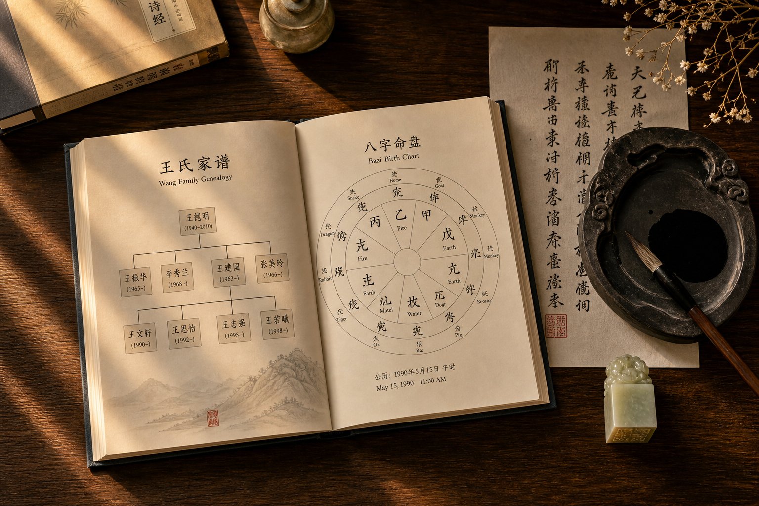 traditional chinese naming tools arranged to represent the step by step process of selecting a meaningful dragon baby name