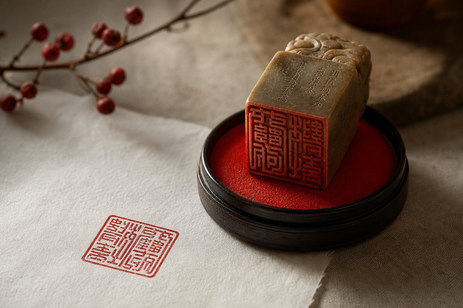traditional chinese personal seal with red ink impression used for auspicious character stamping