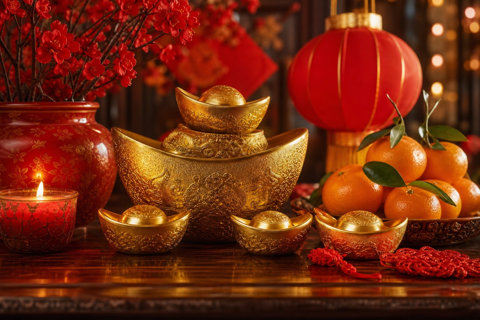 traditional gold ingot decorations and golden tangerines symbolizing prosperity during chinese new year