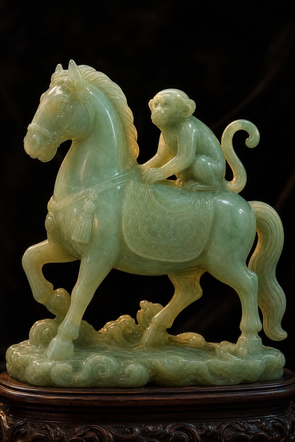 traditional jade carving of a monkey on horseback representing the lucky phrase ma shang feng hou
