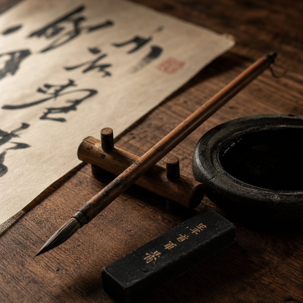 traditional pointed brush with ink stone setup used in east asian calligraphy for maximum expressive range