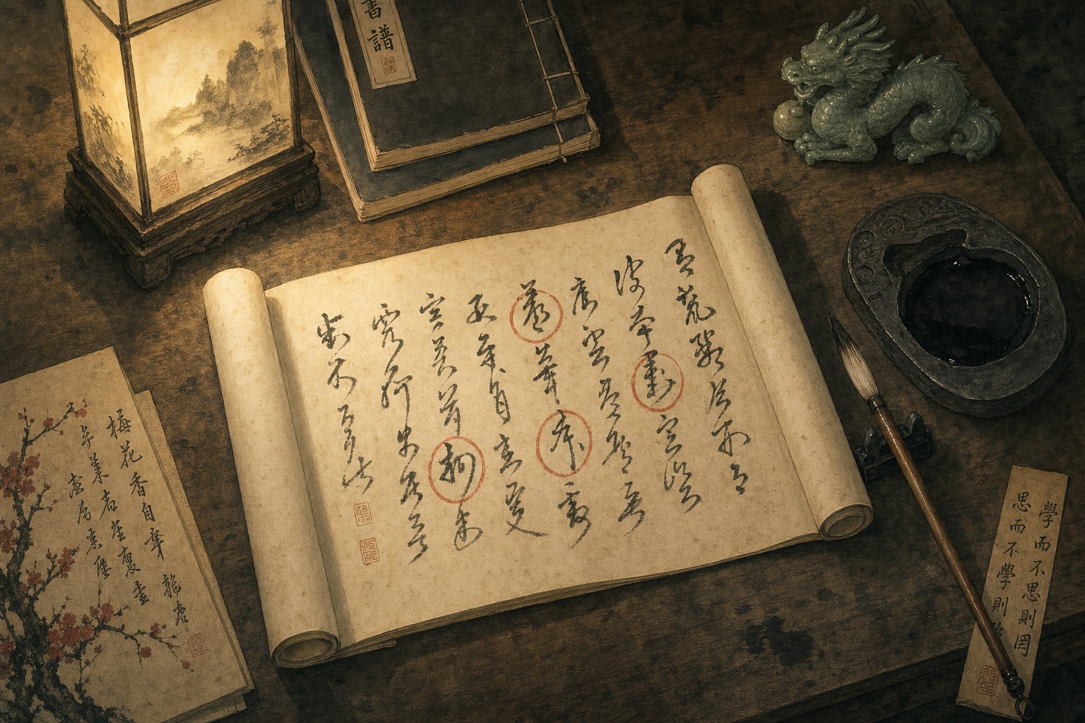 traditional scholar's desk with calligraphy scroll representing the careful process of screening name characters for dragon zodiac compatibility