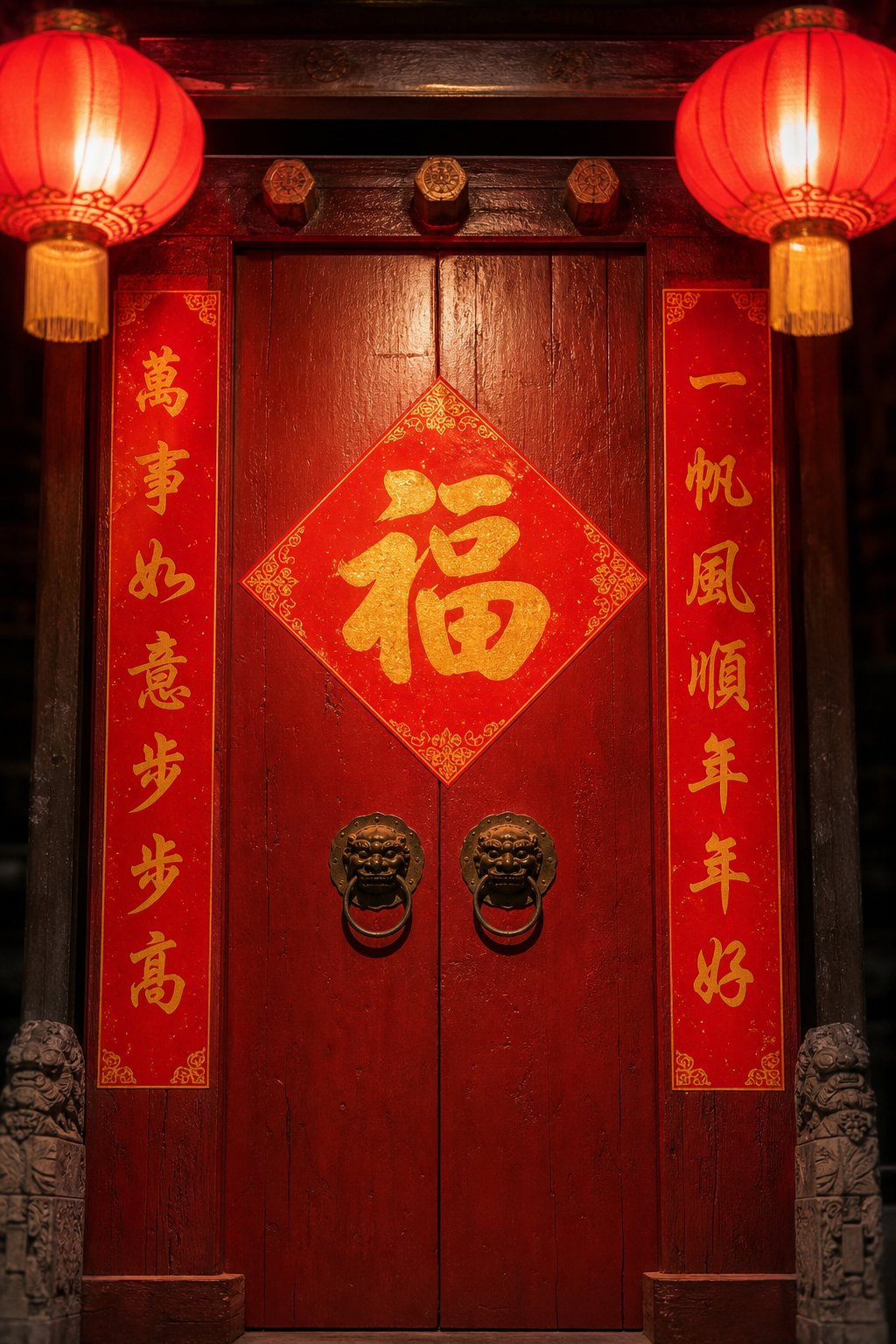 traditional spring festival door decorations featuring red couplets and the character 春