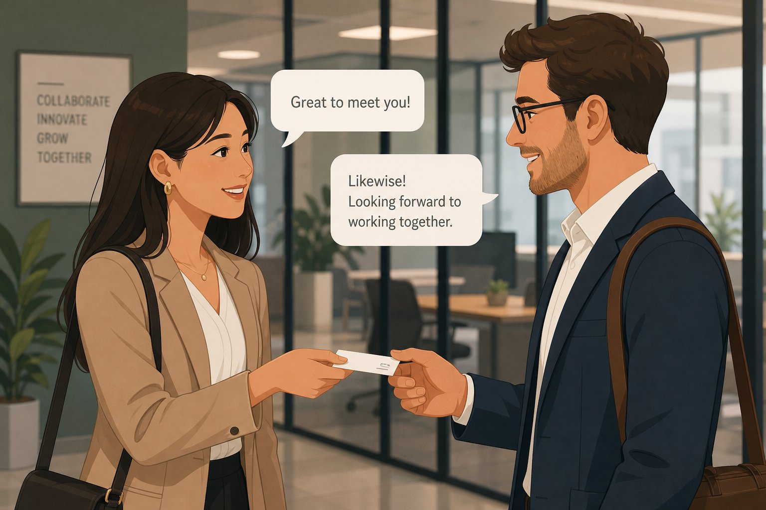 two professionals exchanging names in a cross cultural business introduction setting
