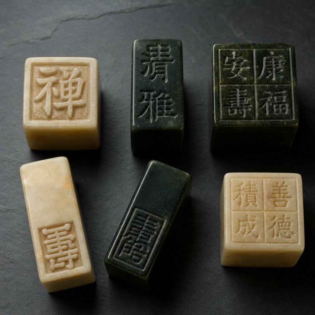 various chinese seal stones showing different character layout configurations used in traditional seal carving