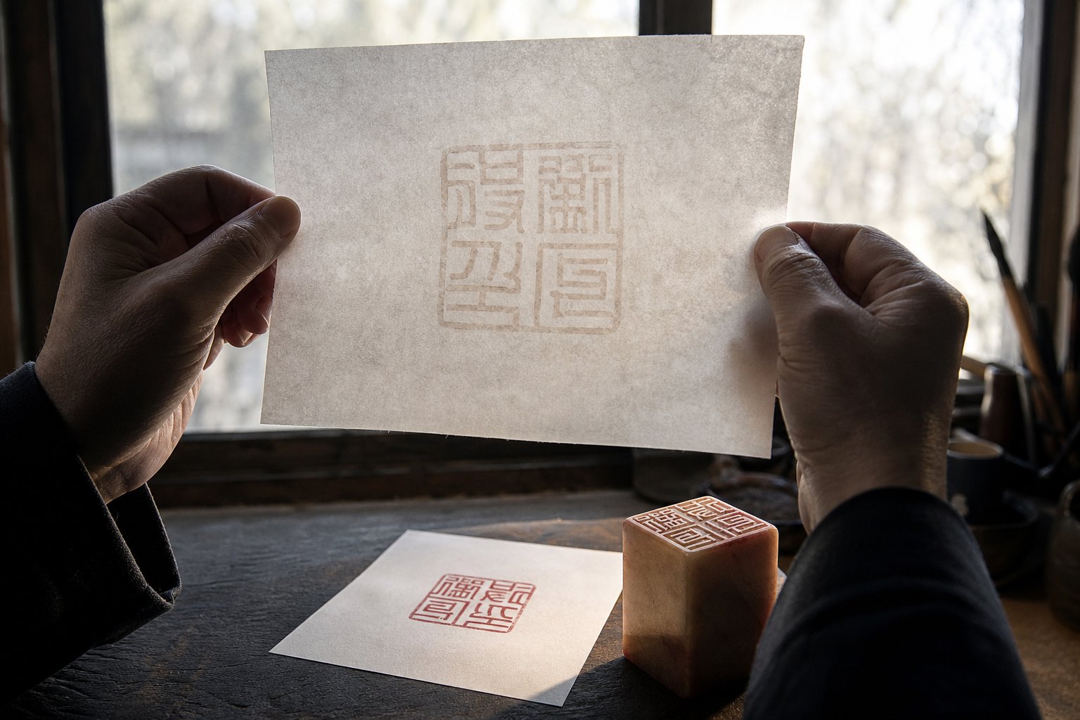 verifying a mirror image seal design by holding translucent paper against a light source